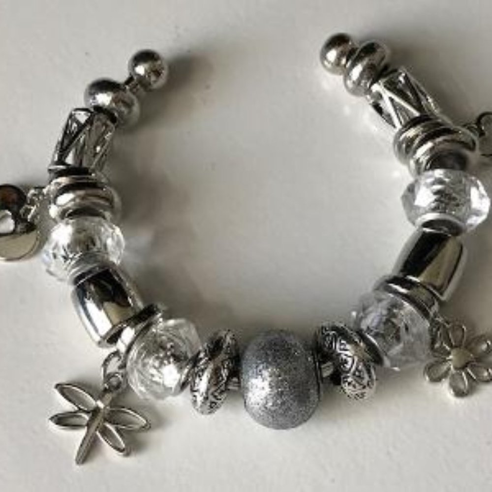 European Style Ball-end Bangle Charm Bracelet with White and Silver tone Beads